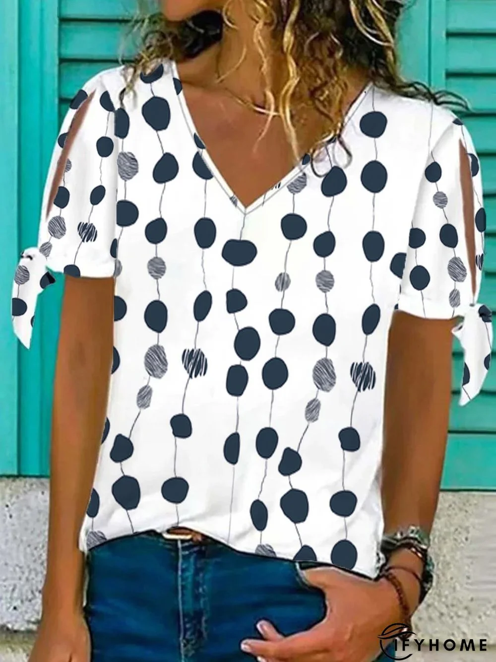 Casual Polka Dots V Neck Loosen T-Shirt | IFYHOME