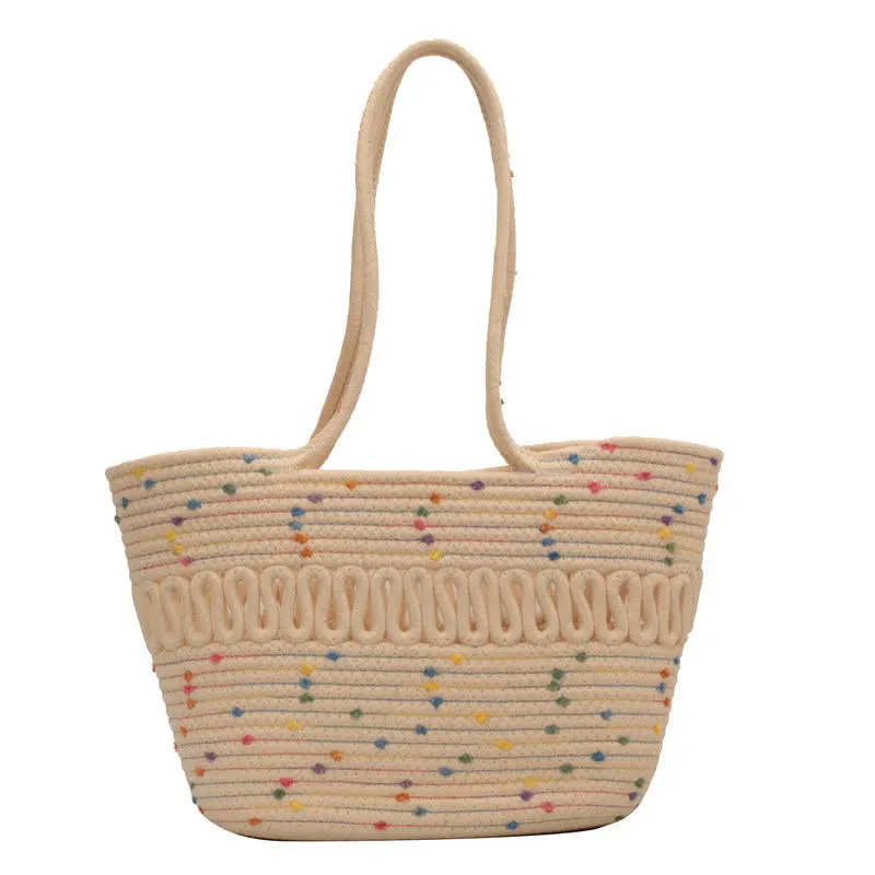 Vintage Colorblock Dot Hollow Boho Handmade Straw Tote Bag