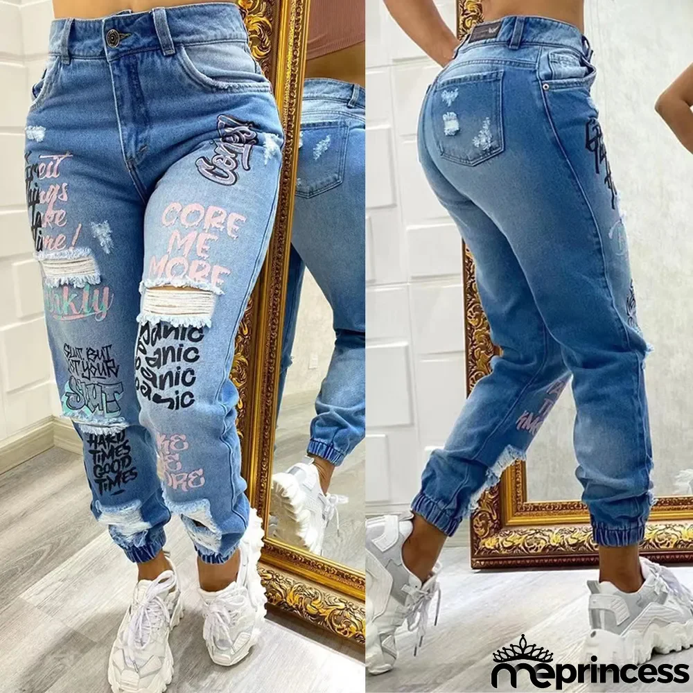 Trendy Midi Waist Jeans Letter print ripped Cutout Denim Pants