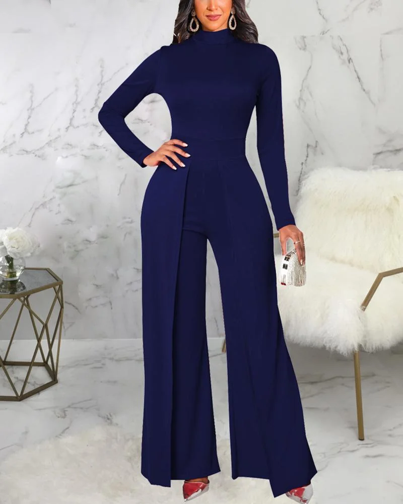 Solid color long sleeve high waist jumpsuit