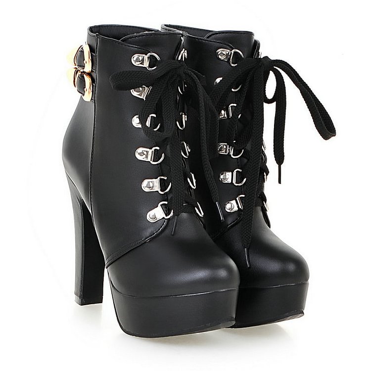 Trendy Solid Color Lace Up Buckles Pointed Toe Platform Boots