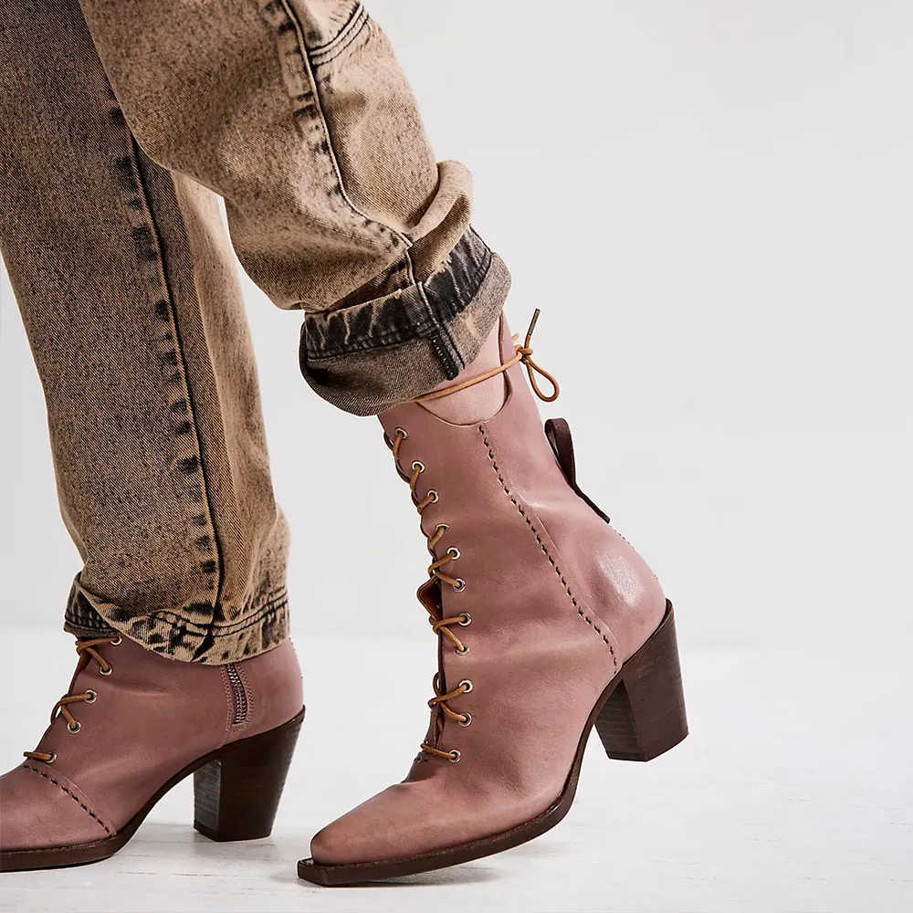 Pink Vegan Leather Chunky Heel Lace-Up Ankle Boots with Zipper