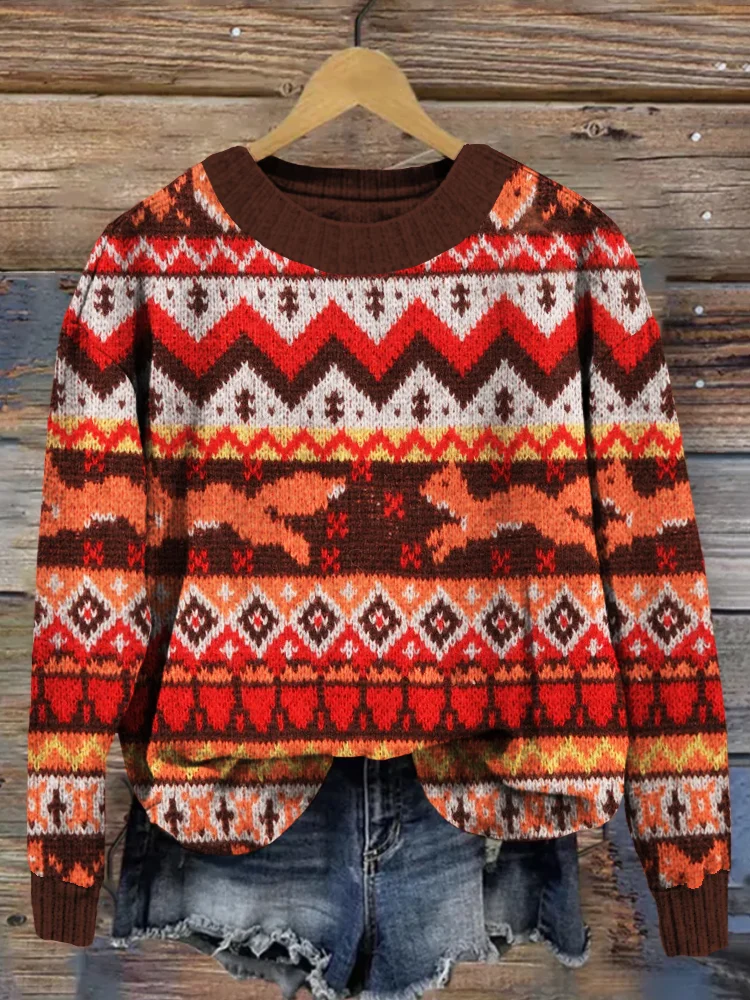 Comstylish Cute Fox Pattern Crew Neck Cozy Sweater