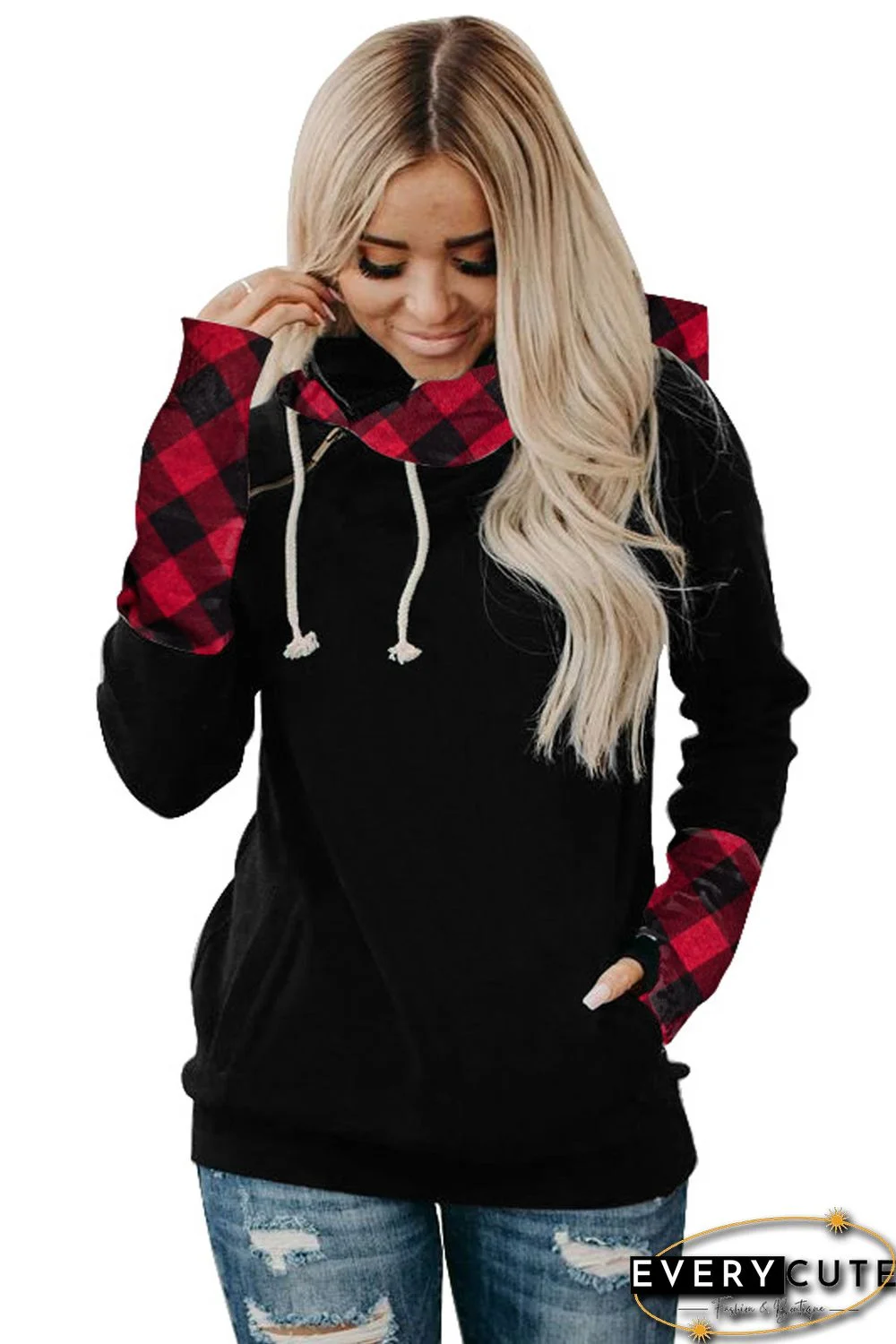 Red Plaid Double Hoods Thumb Hole Hoodie