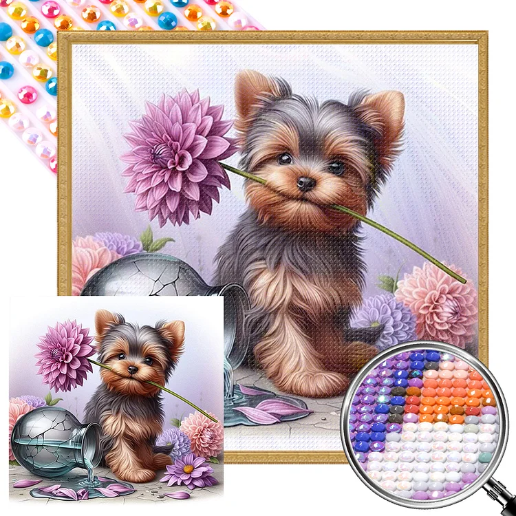 Flowers And Yorkie Puppy 40*40CM (Canvas) Full AB Round Drill Diamond Painting gbfke