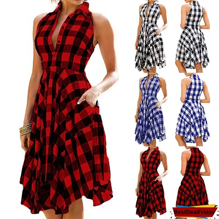 New Fashion Women Sleeveless Plaid Dess Vintage Dress Summer Knee-length Casual Dress Party Dress