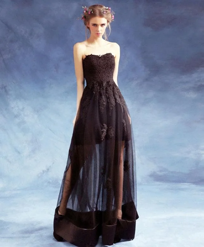 Black Sweetheart Neck Lace Long Prom Dress, Black Eveing Dress