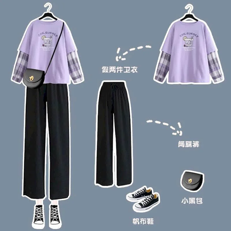 Women 2 Piece Set Clothes Sets Autumn 2021 Long-sleeved T-shirt Student Korean Fake Two-piece Loose Stitching Wide-leg Pants