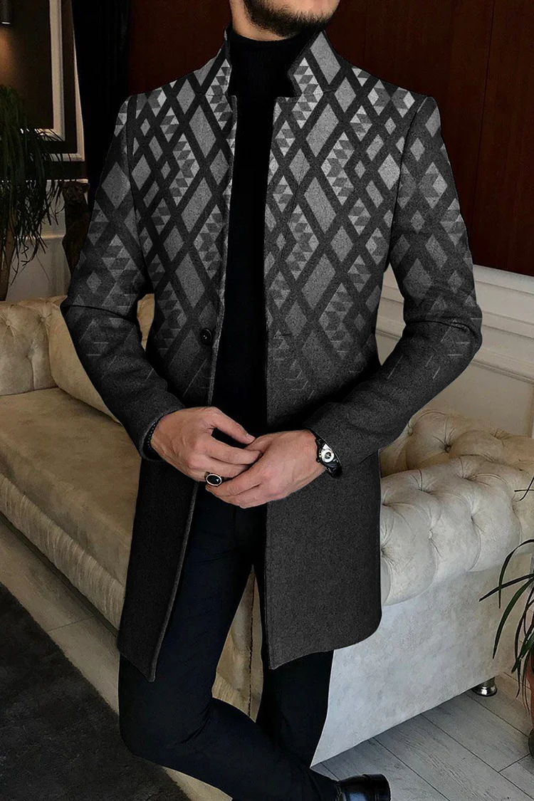 Tiboyz Men's Gradient Color Stand Up Collar Tweed Coat