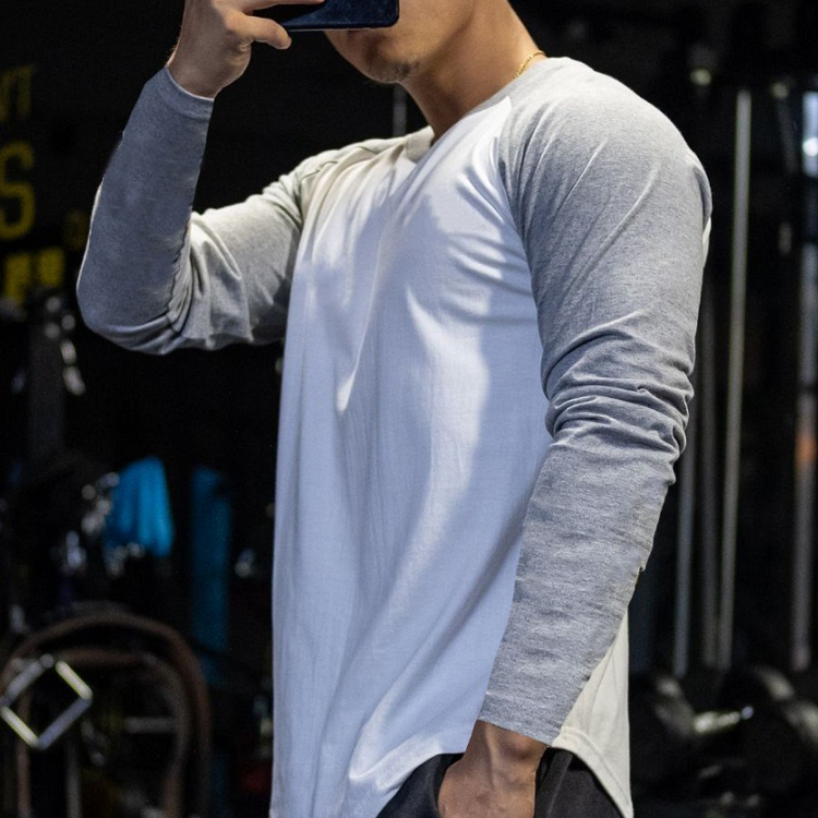 PASUXI Fashion Sports Leisure Long Sleeved T Shirt Mens Round Neck Fitness Breathable Trend Top Solid Color Bottoming Shirt huanwei
