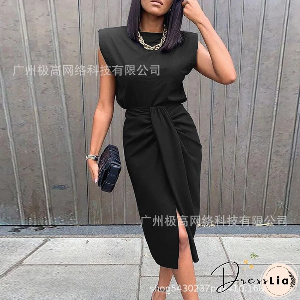 Women's Black Wide Shoulder Twisted High Slit Suit Dress