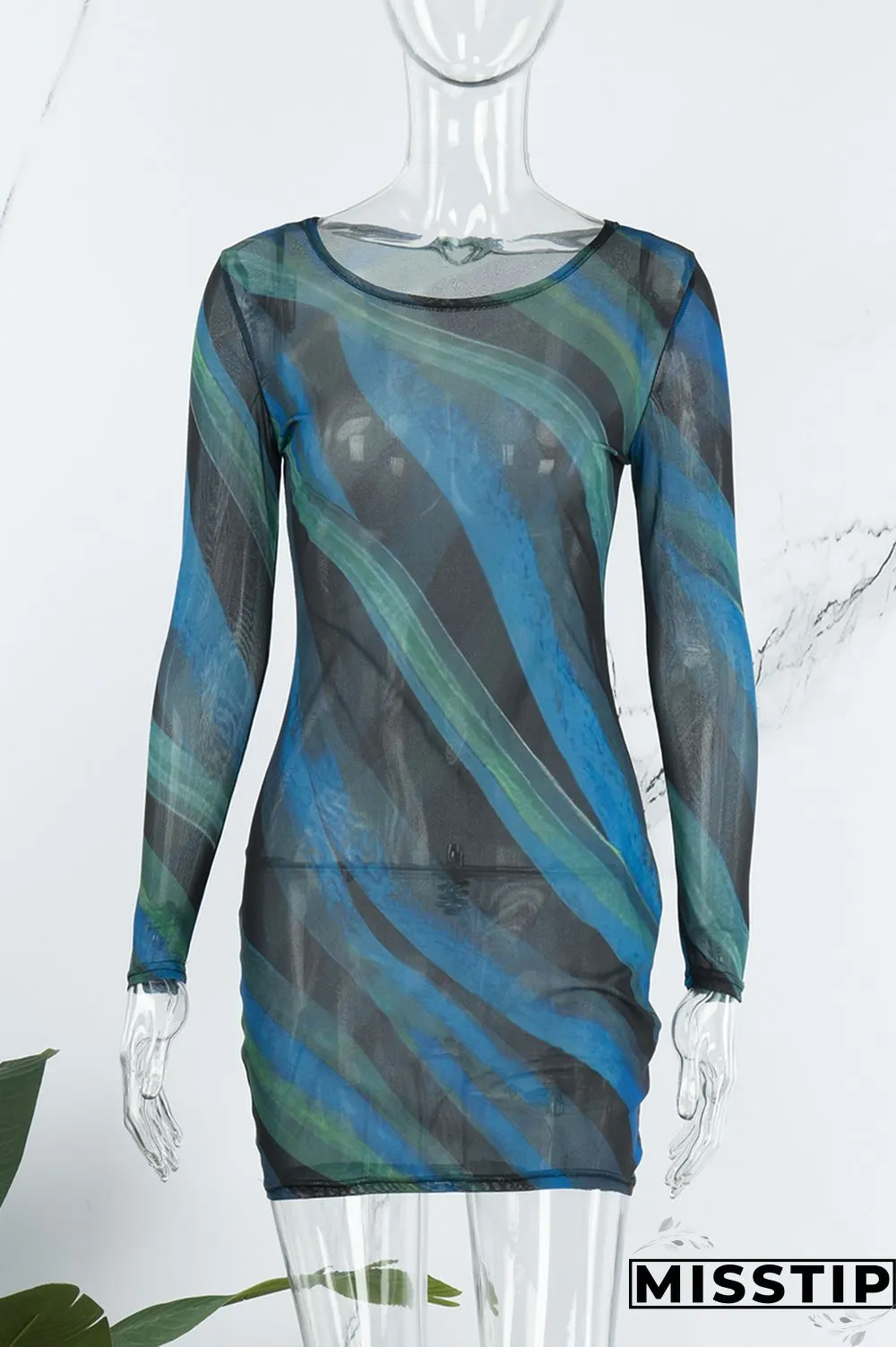 Blue Black Sexy Print O Neck Long Sleeve Dresses