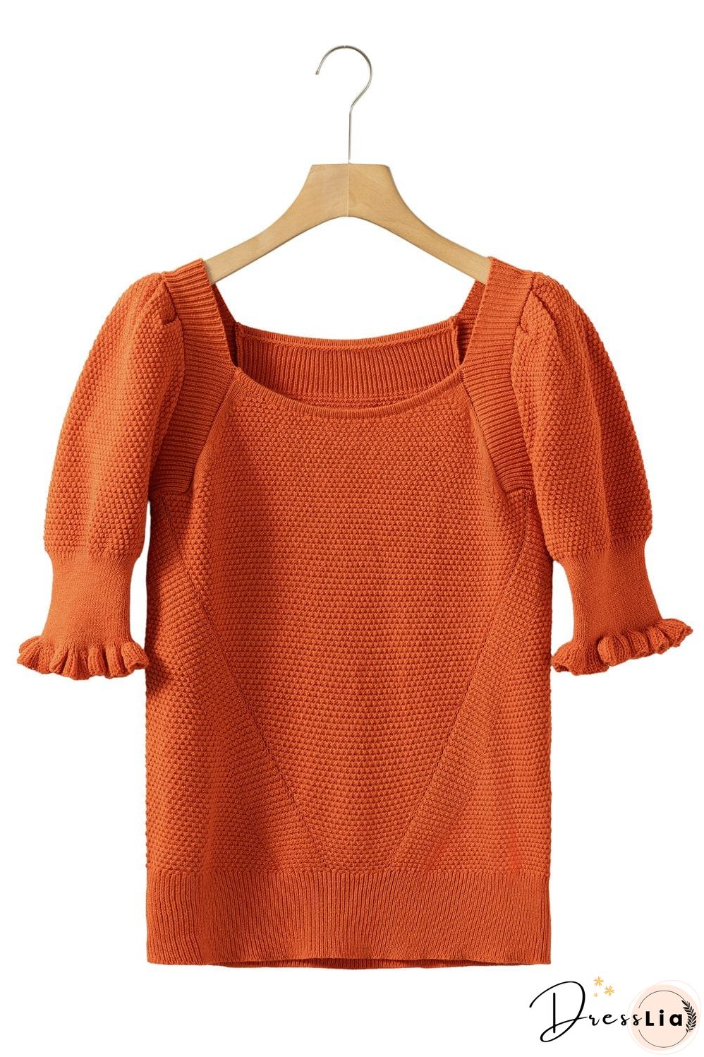 Golden Textured Knit Puff Sleeve Square Neck Sweater