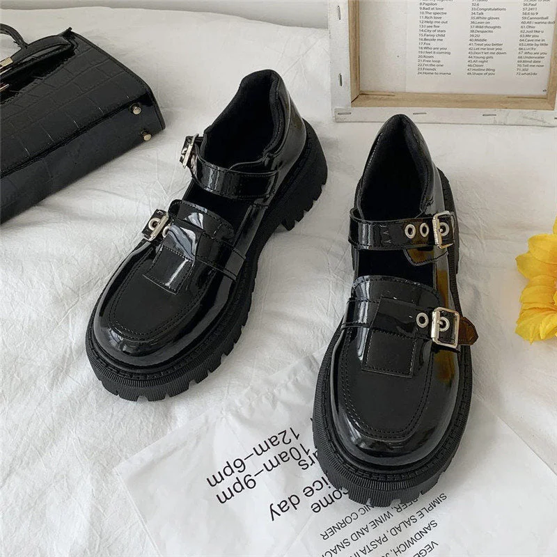 Lolita Shoes Patent Leather Mary Janes Shoes 2022  New Women Platform Shoes Buckle Girls Thick Sole Ladies Shoes Black