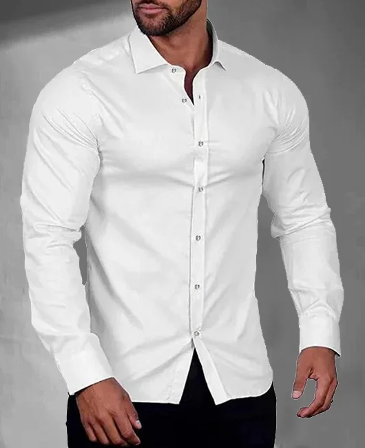 Casual Plain Lapel Collar Long Sleeve Slim Fit Shirt 