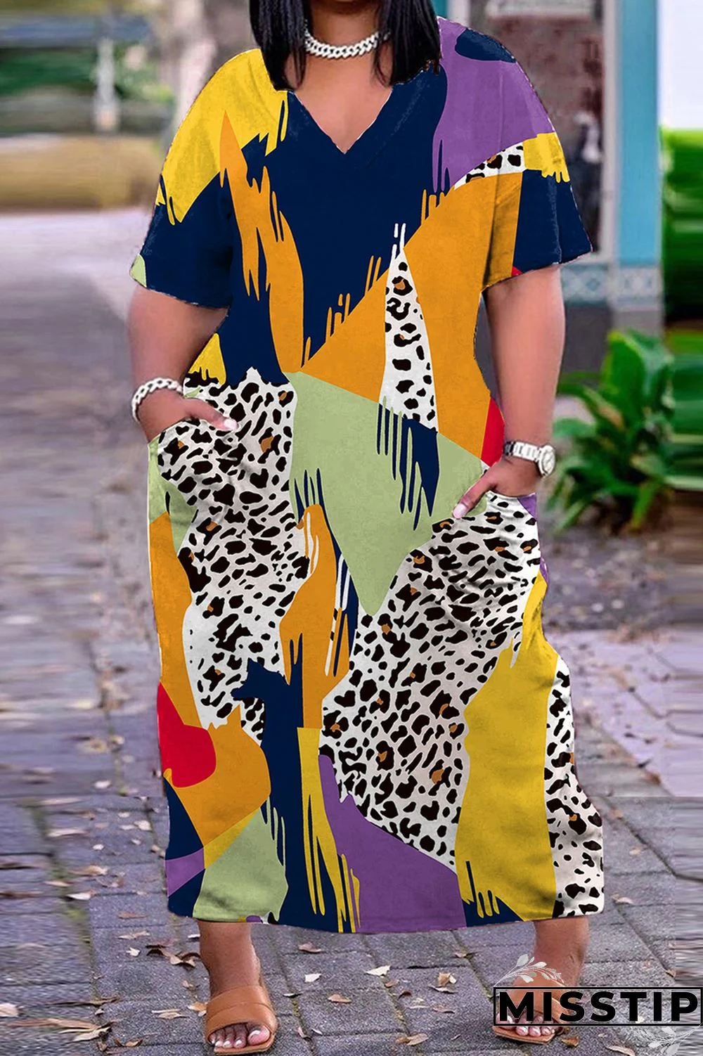 Dark Blue Casual Print Patchwork V Neck Short Sleeve Dress