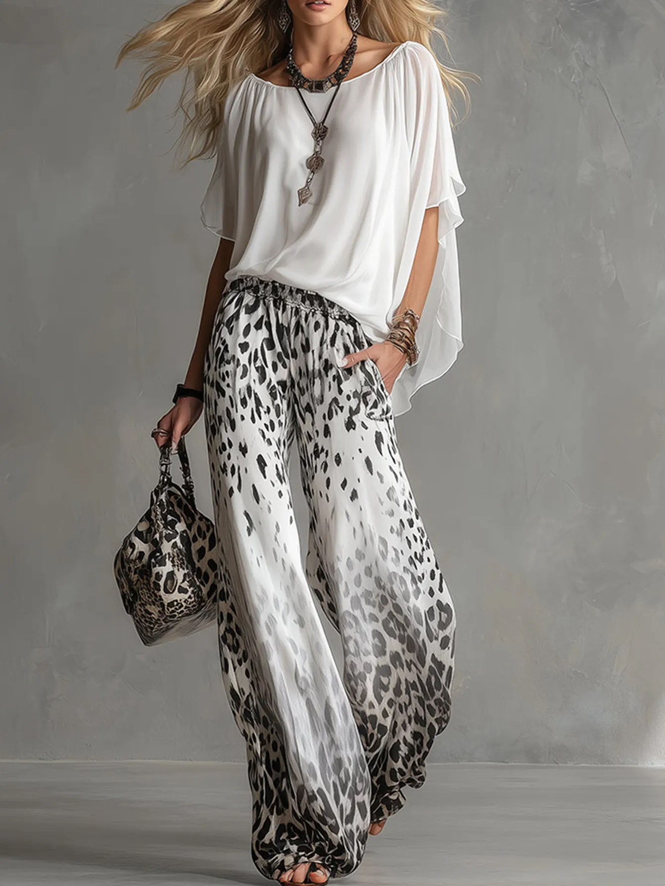 Leopard Print Elastic Waist Wide Leg Pants