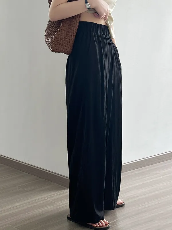 Elasticity Pleated Solid Color High Waisted Loose Pants Culotte