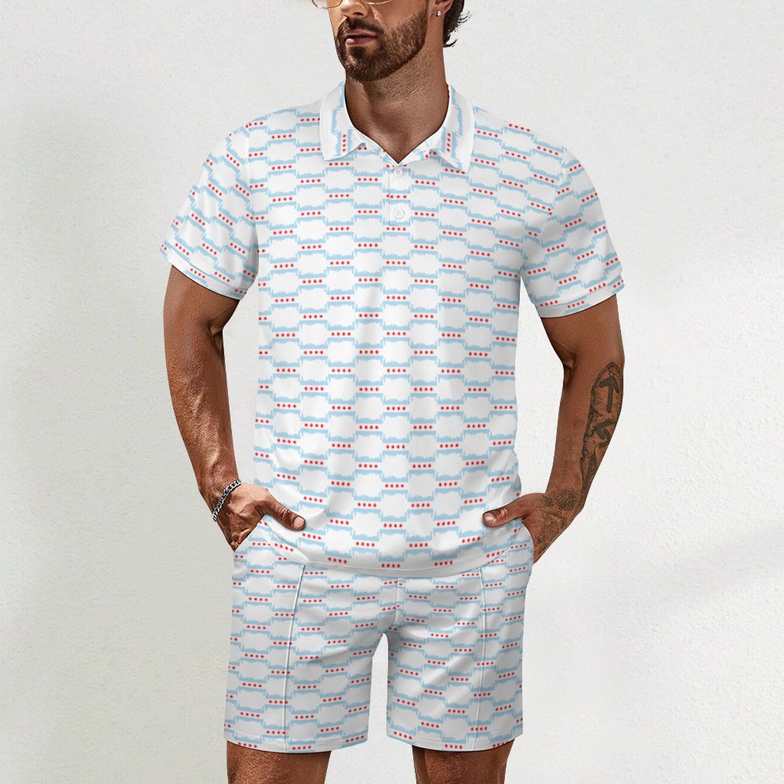 Summer Chicago Flag Skyline Men Hawaiian Polo Shirts Tracksuit Casual Button Down 2 Piece Shirt and Shorts Sets