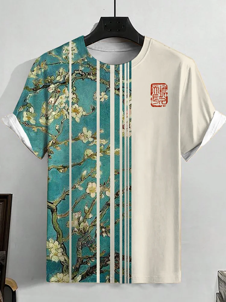 Men's Vintage Floral Plum Blossom Art Print Colorblock Tee