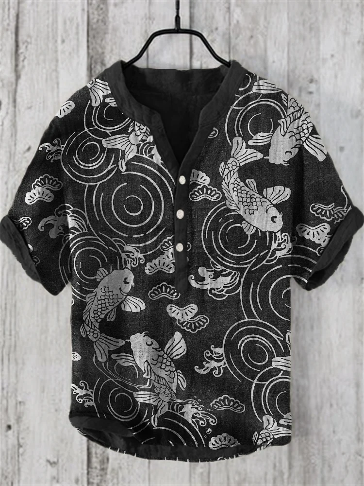 Carp Fish Ripples Japanese Lino Art Linen Blend Shirt
