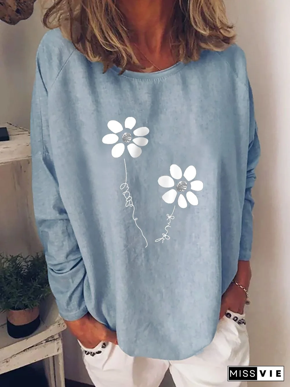 Casual Floral Autumn Loose Jersey Long sleeve Crew Neck H-Line Regular Size Sweatshirts for Women
