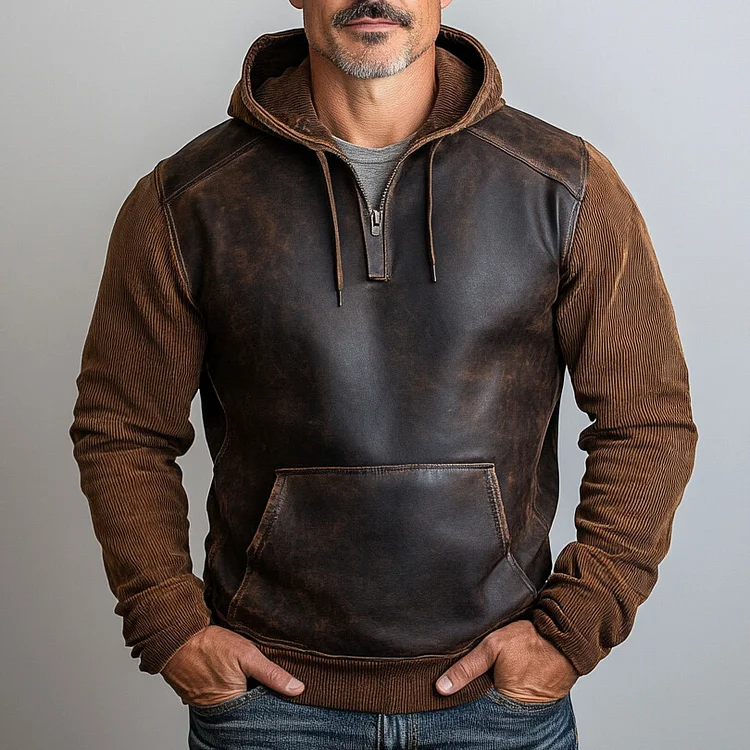 Men's PU Leather Patchwork Corduroy Hoodie-inspireuse