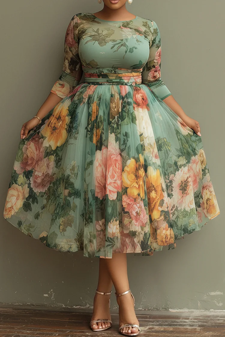 Xpluswear Design Plus Size Vacation Sage Green Floral Round Neck 3/4 Sleeve See Through Tulle Midi Dresses [Pre-Order]