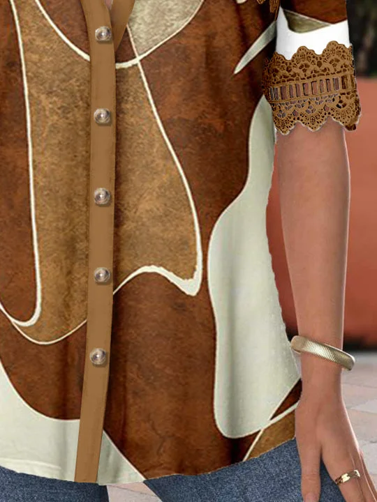 Women's Short Sleeve V-neck Lace Stitching Hollow Graphic Top