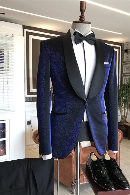 Navy Blue Shawl Lapel Elegant Wedding Suits with Black Lapel | Ballbellas Ballbellas