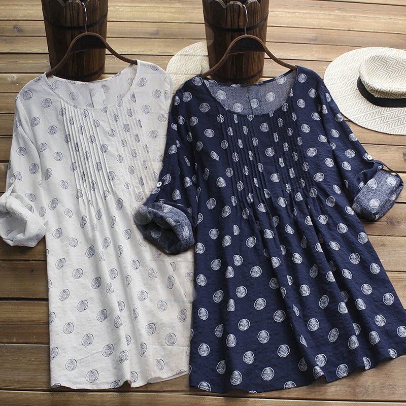 Cotton And Linen Printed Loose Long Sleeves Mid-length Plus Size Women's Dress