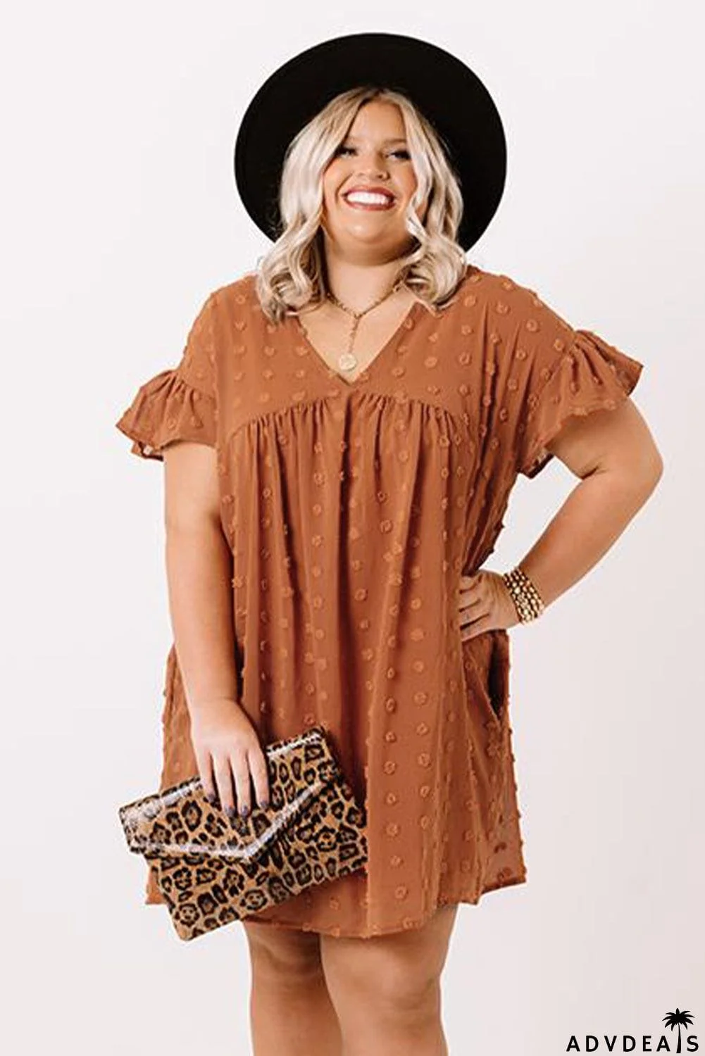Plus Size V Neck Ruffle Swiss Dot Mini Dress with Pocket