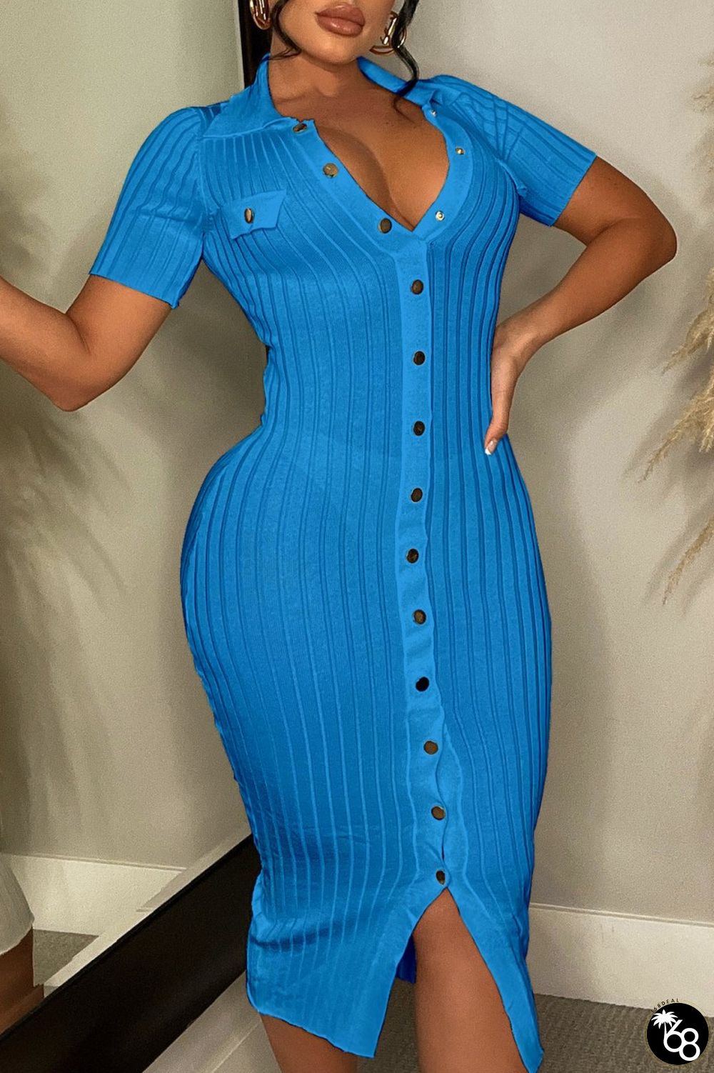 Blue Casual Solid Patchwork Turndown Collar Short Sleeve Dress | 168DEAL