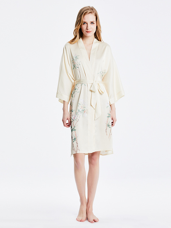 19 MOMME Kimono en soie imprimé floral blanc - grande taille-Soie Plus