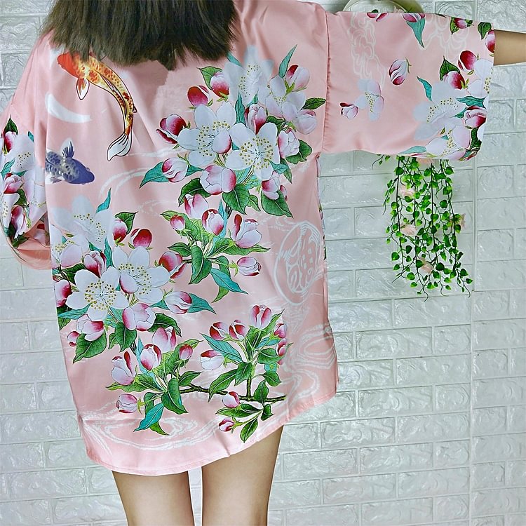 Pink/Black Harajuku Floral Carp Kimono Coat S12672