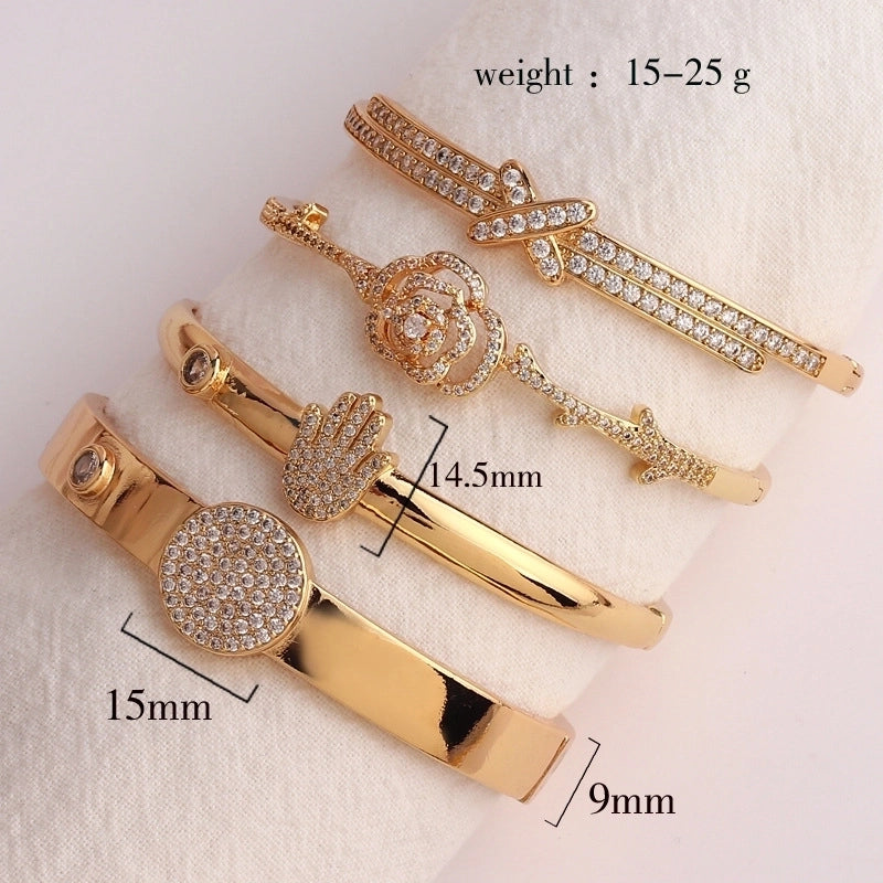 Hip-hop Palm Rose Leopard Copper 18k Gold Plated Zircon Bangle In Bulk