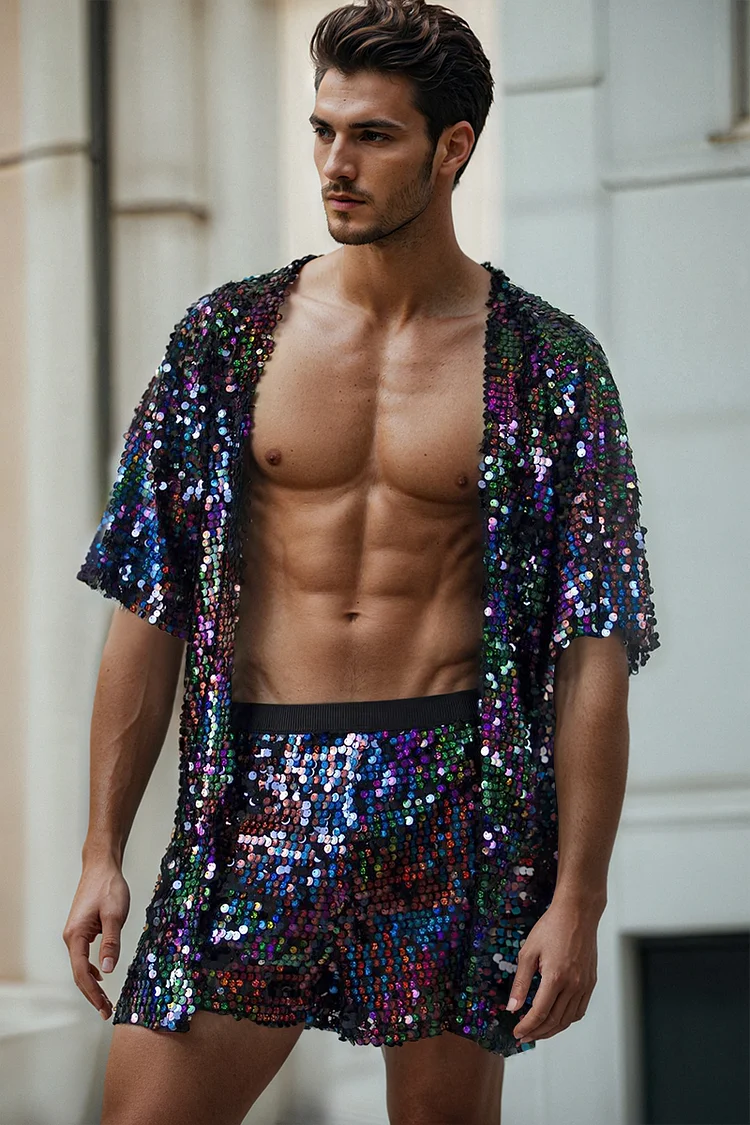 Men's Multicolor Sequin Kimono Shorts Festival Two Piece Set