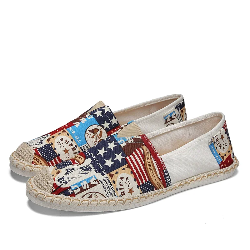 Qengg American Flag Printed Men's Loafers Flats Causal Comfortable Slip on Shoes Straw Sole Men Flat Shoes mocasines de hombre