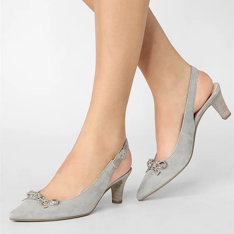 Grey Slingback Heels Pointy Toe Cone Heel Pumps with Bow |FSJ Shoes