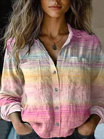 Women's Retro Gradient In Cancer Awareness Ribbon Art Casual Linen Shirt