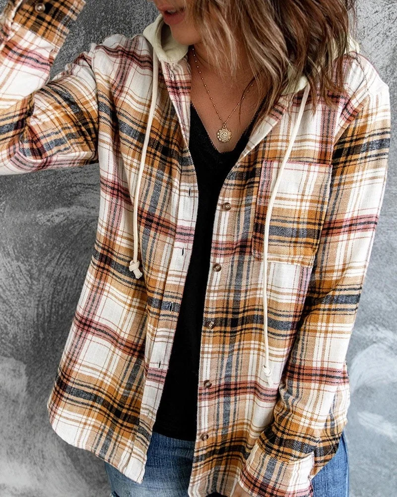 Plaid Print Button Down Hooded Shacket