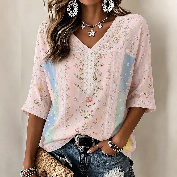 Vintage-inspired Small Floral And Lace Embroidery Patchwork Art Comfortable Linen Blend V-neck Top