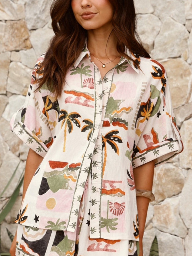 Casual Vacation Desert Palm Print Short-sleeved Shirt