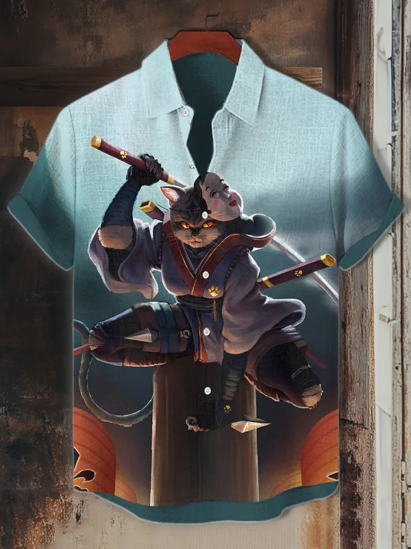 Men's Retro Cat Ninja Japanese Art Print Short Sleeve Shirt
