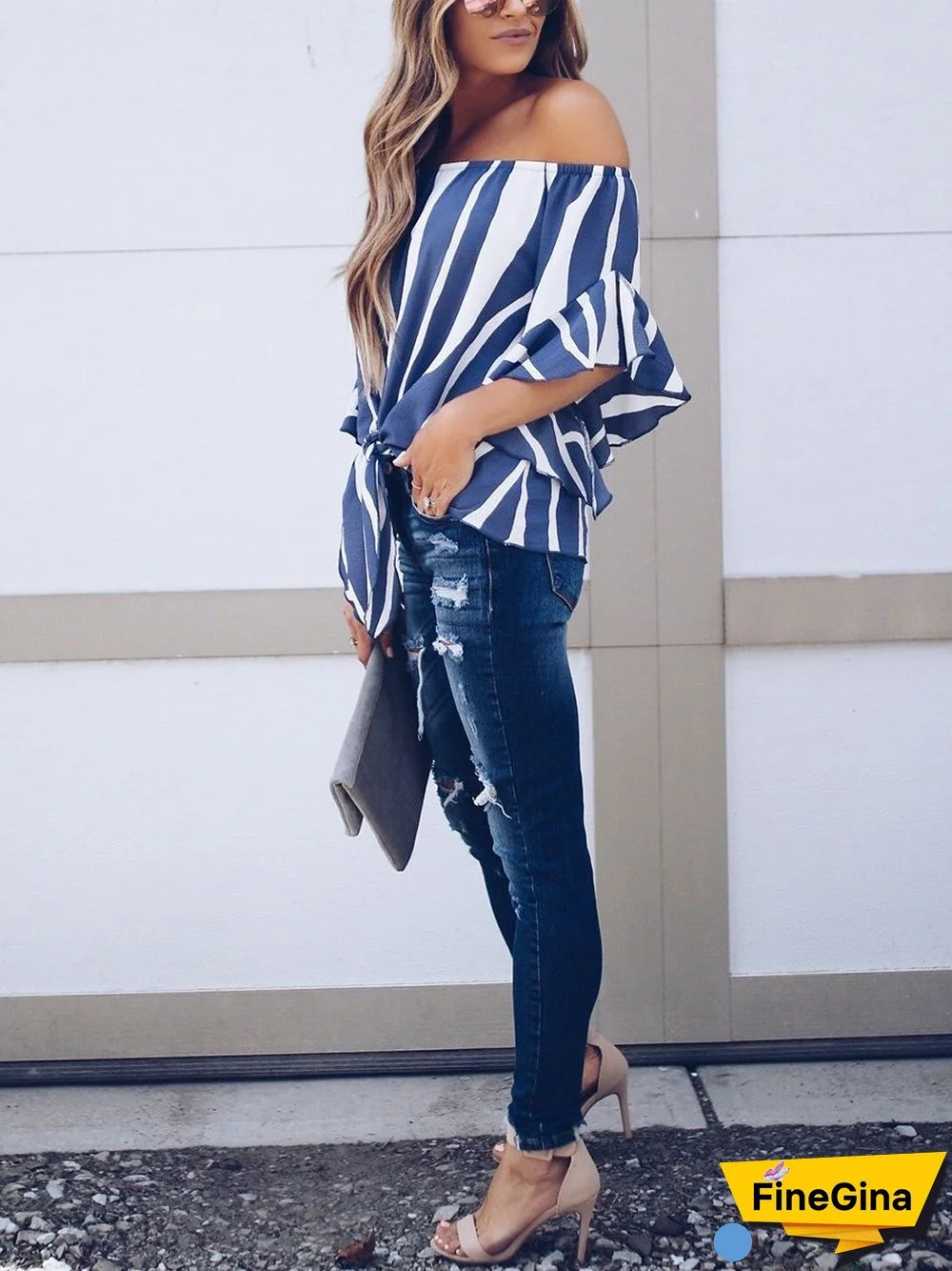 Off-the-shpulder Striped Loose Chiffon Top P13705