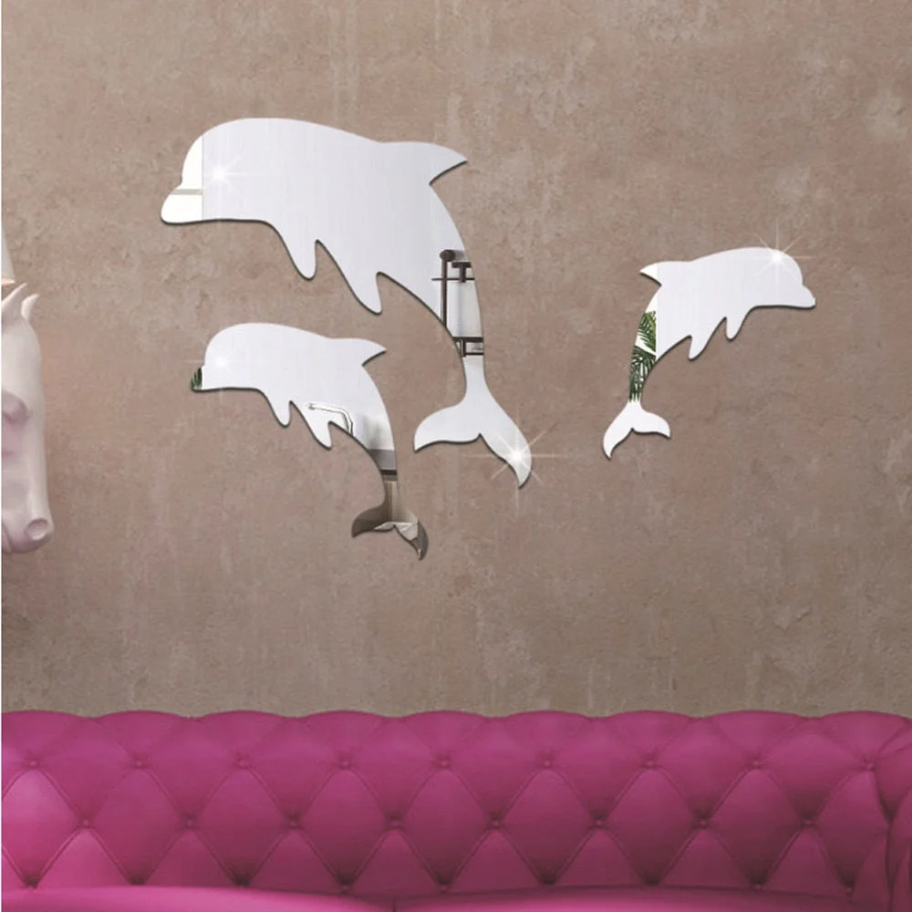 3pcs Dolphin Ocean Animal Decor Mirror Sticker Decorative Mirrors Irregular Plastic Floor Mirror  Bathroom Decor Bedroom Acrylic