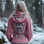 Viking Skull & Floral Knit Art Women's Hooded Sweater - Image 2