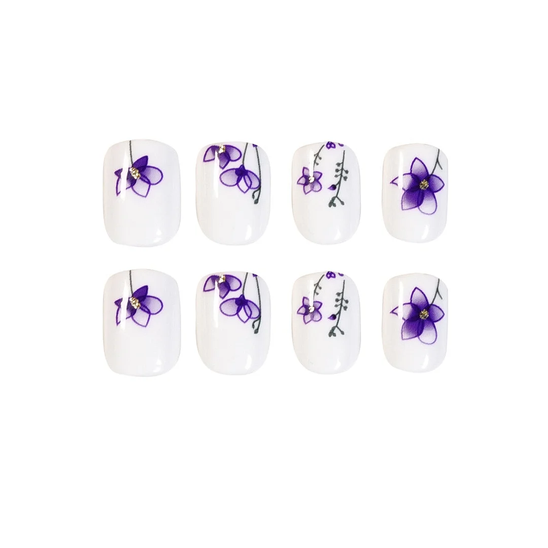 24pcs Flowers Pattern Short Fake Nails Full cover Fake Nails Glue DIY Manicure Nail Art Tools-Nail Inspo