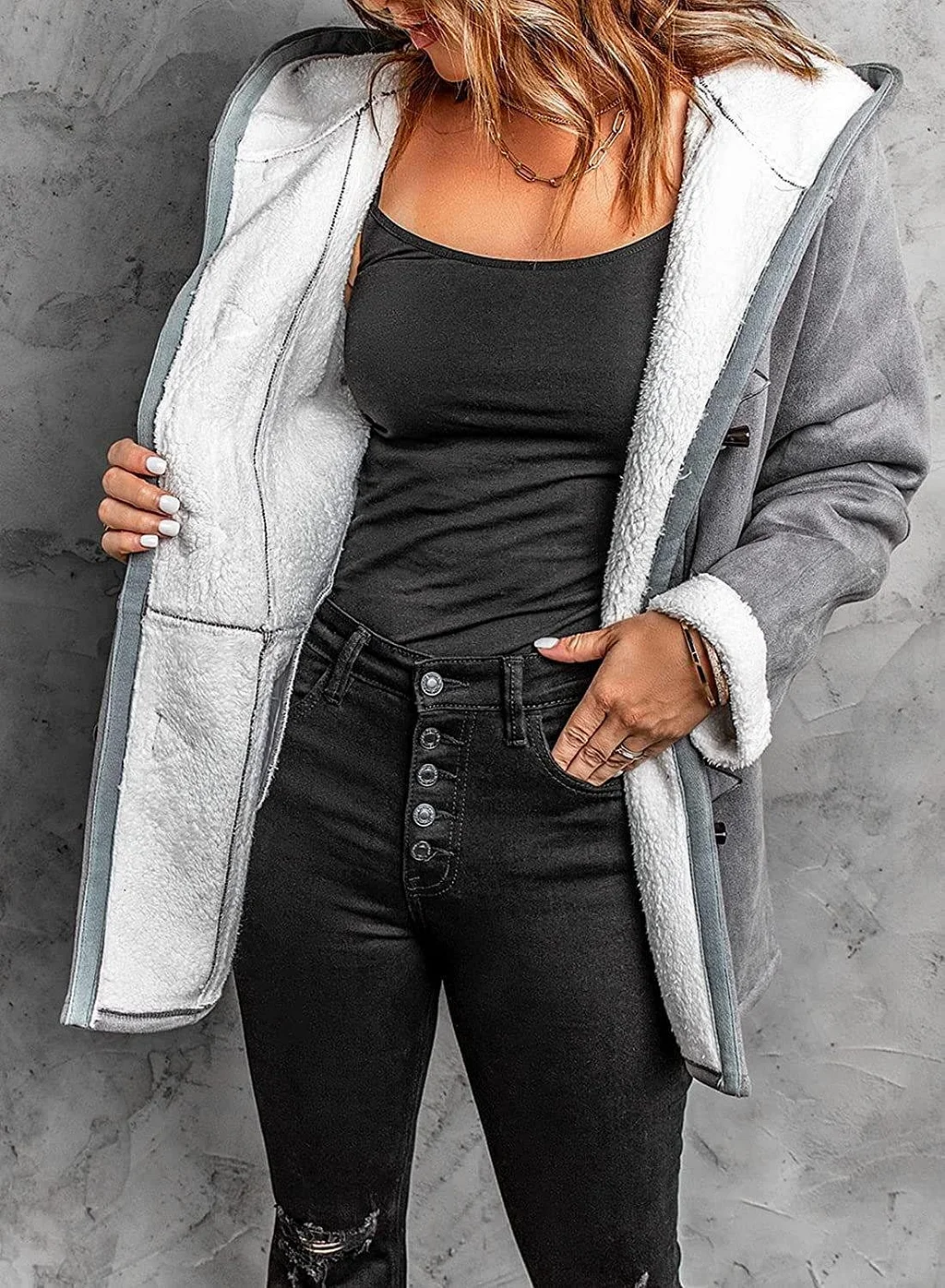 Warm, soft cashmere coat with a hood and buttons