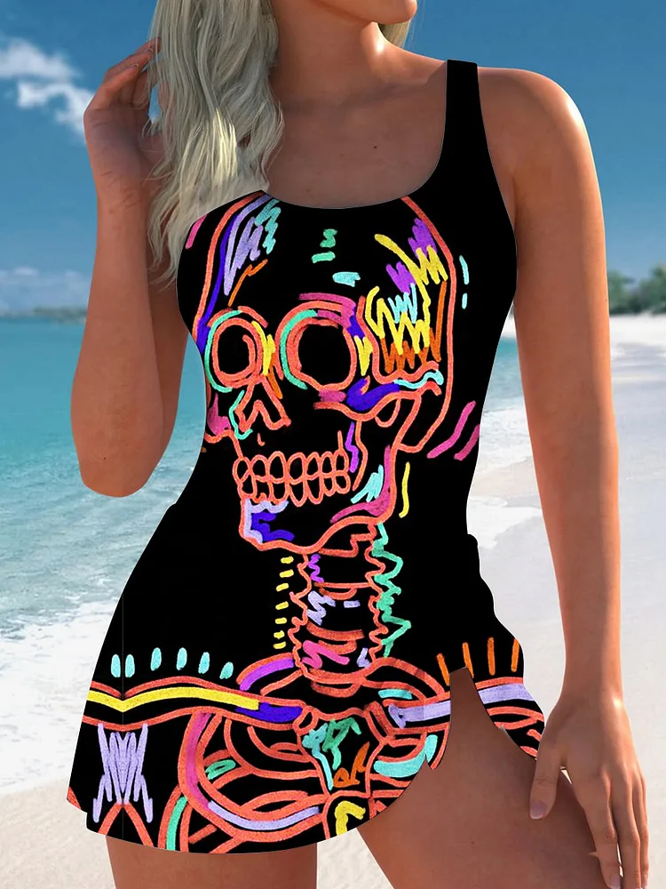 Women's Retro Fluorescent Skull Pattern One-piece Swimsuit